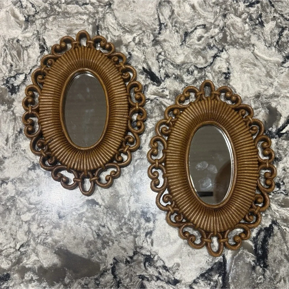 Vintage Ornate Gold Oval Wall Mirrors Set of 2 Small Accent Decor Pair